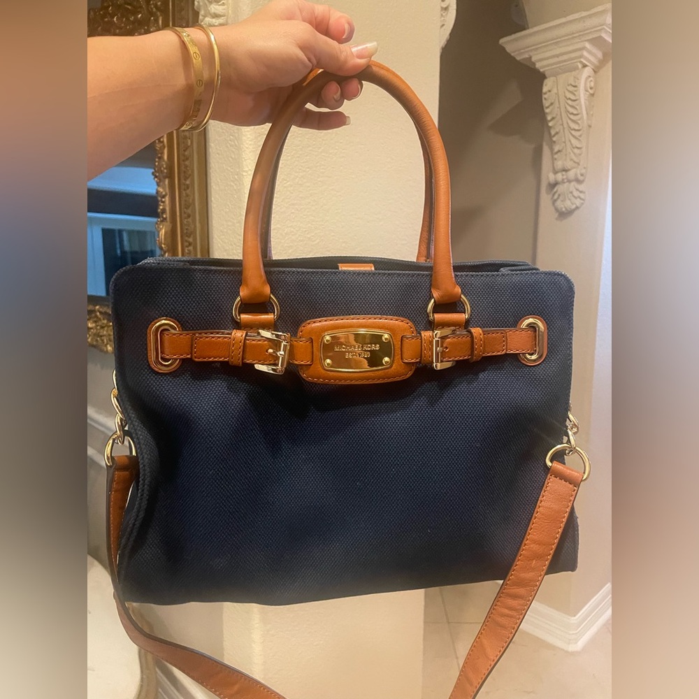 Michael Kors Blue Tan canvas Satchel Structured Design gold hardware 2 way tote